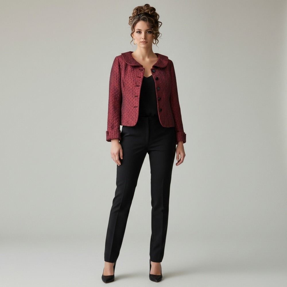 Jones New York Dress Burgundy Polka Dot Crinkle Portrait Collar Blazer Jacket 10
